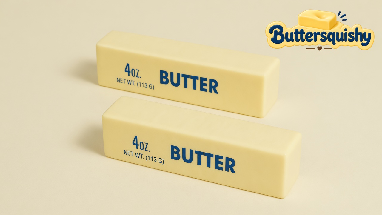 Two matching pale-yellow rectangular butter sticks printed 4 OZ. NET WT. (113 G) BUTTER on a light-yellow cream studio surface, Buttersquishy logo in the upper right