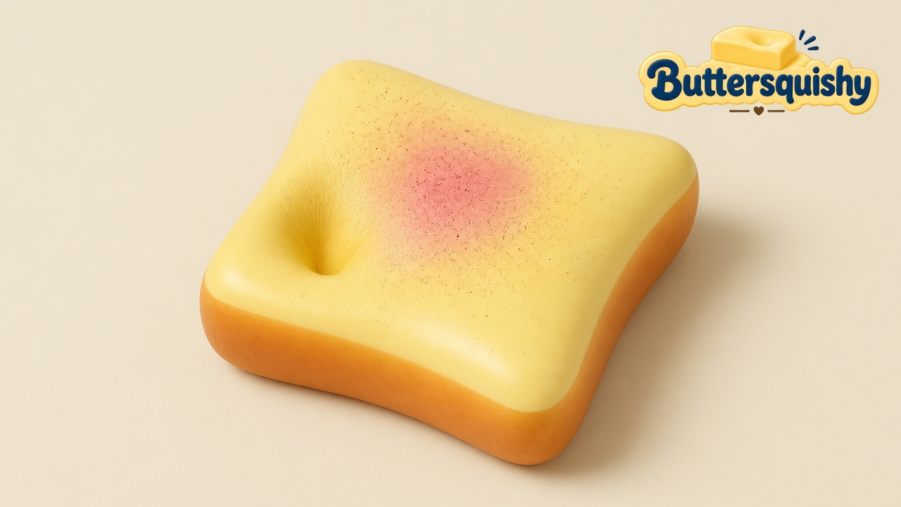 Square toast-slice Bread Toast Loaf with a pale crumb face, rosy blush, and golden crust on a cream studio surface, Buttersquishy logo upper right