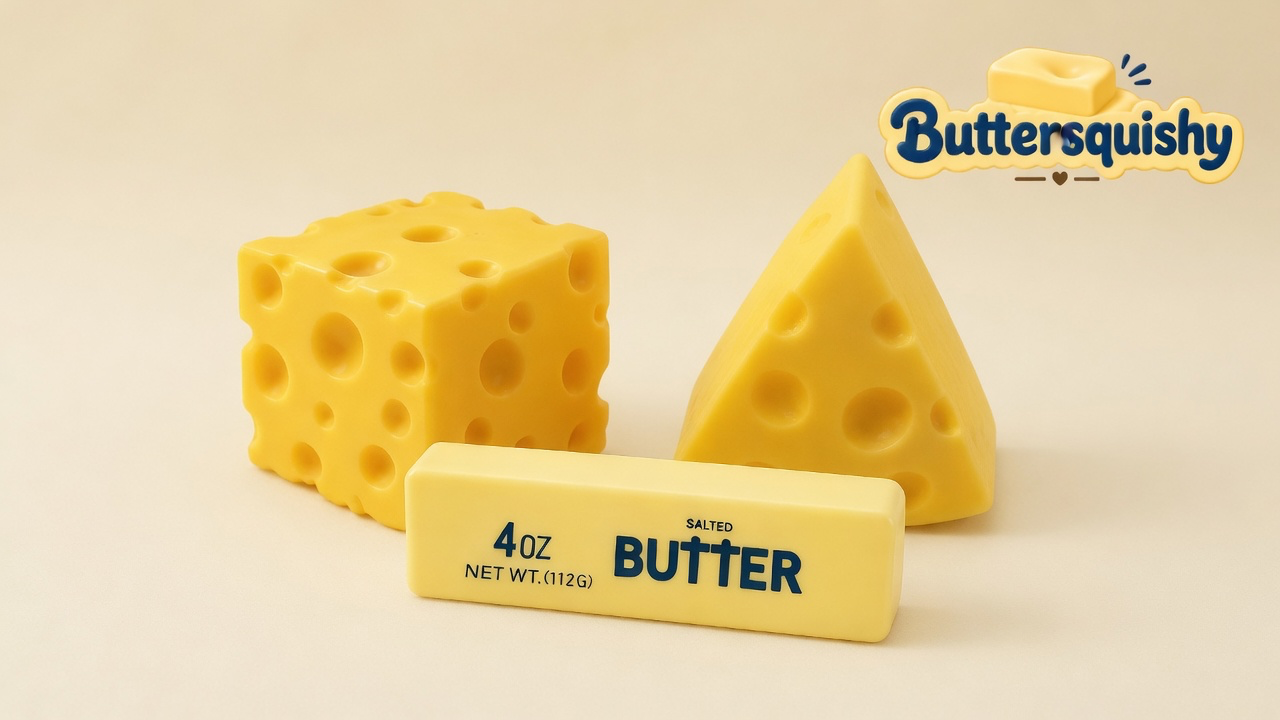 Yellow Swiss-hole cheese cube, triangular cheese wedge, and a pale stick printed SALTED BUTTER on a light-yellow cream studio surface, Buttersquishy logo in the upper right