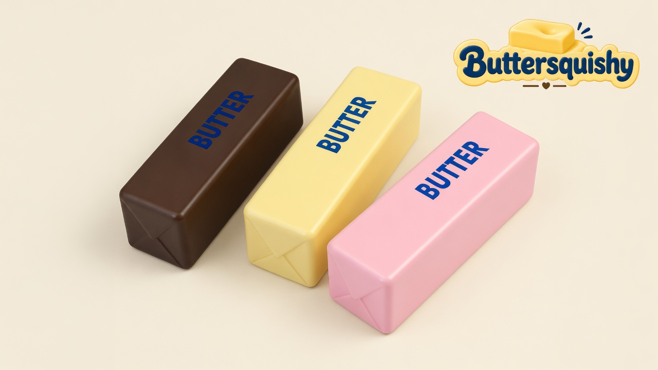 Three Chocolate Berry Butter sticks in chocolate brown, pale yellow, and berry pink with navy BUTTER prints on a cream studio surface, Buttersquishy logo in the upper right