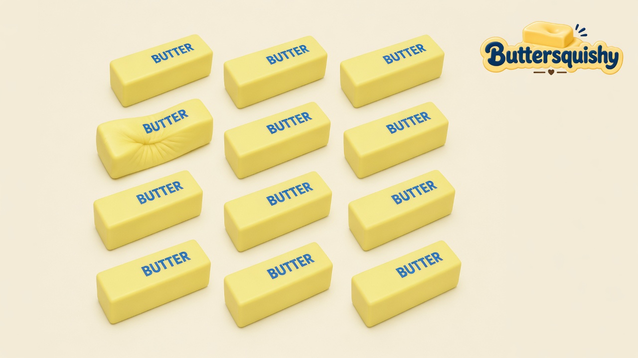 Twelve pale-yellow rectangular butter-stick squishies with navy BUTTER stamps on a light-yellow cream studio surface, one stick pinched, Buttersquishy logo in the upper right