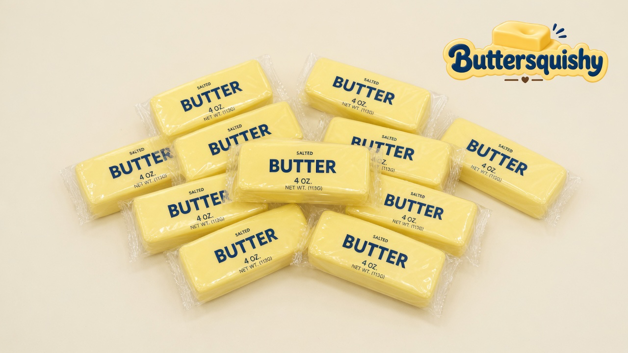 Cluster of pale-yellow salted-butter stick squishies in clear wrap on a light-yellow cream studio surface, Buttersquishy logo in the upper right