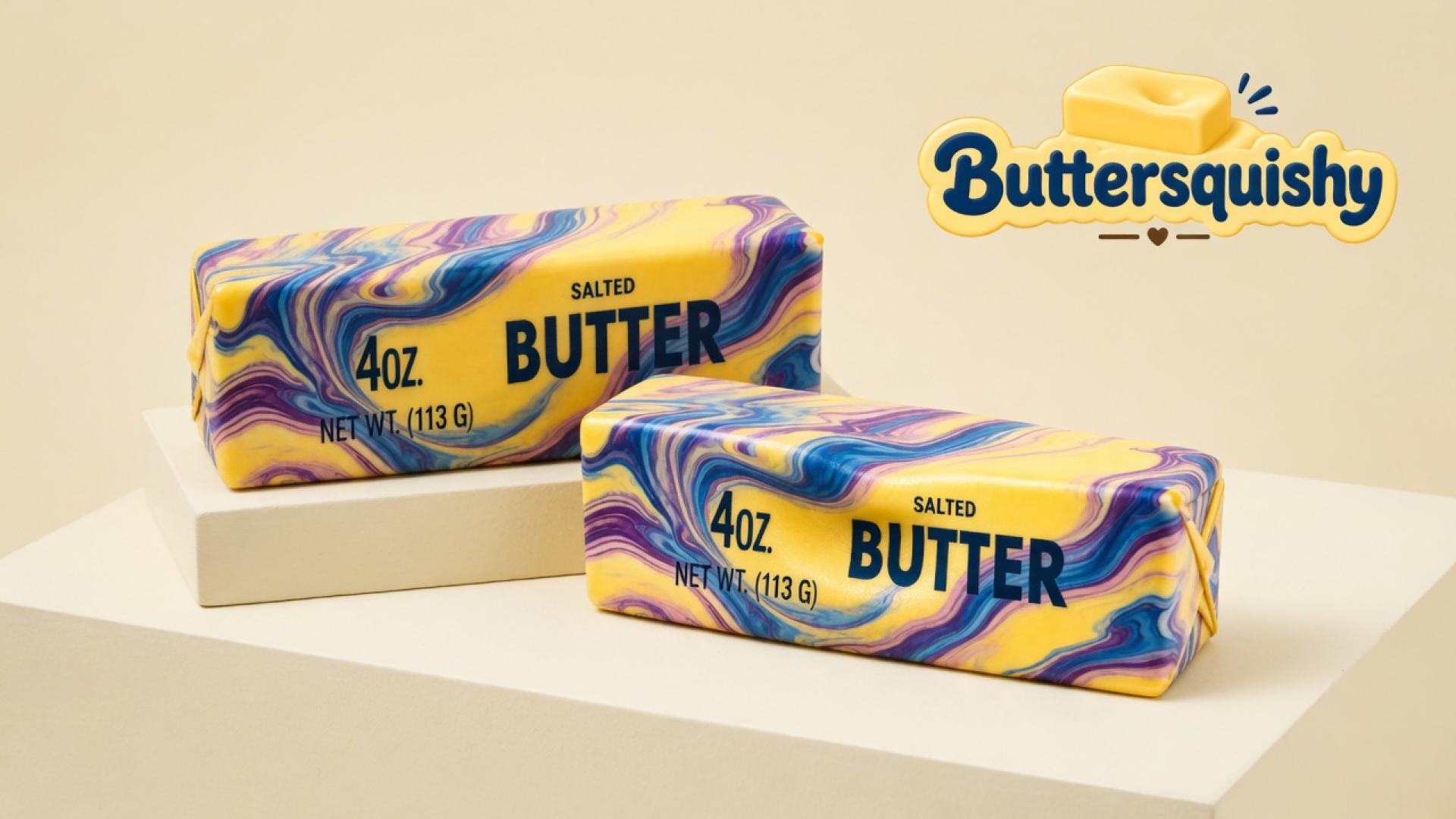 Two yellow oil-paint swirl butter sticks with navy SALTED BUTTER and 4OZ print on a light-yellow cream studio surface, Buttersquishy logo in the upper right