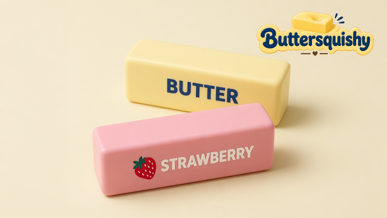 Pale yellow BUTTER loaf and pink STRAWBERRY loaf on a light-yellow cream studio surface, Buttersquishy logo in the upper right