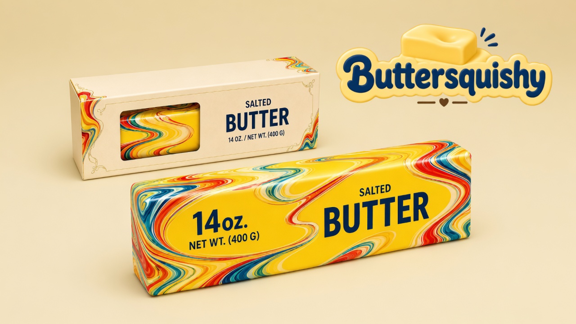 Jumbo Swirl Loaf 14oz salted-butter stick and window box on a cream studio background, with the Buttersquishy logo at upper right