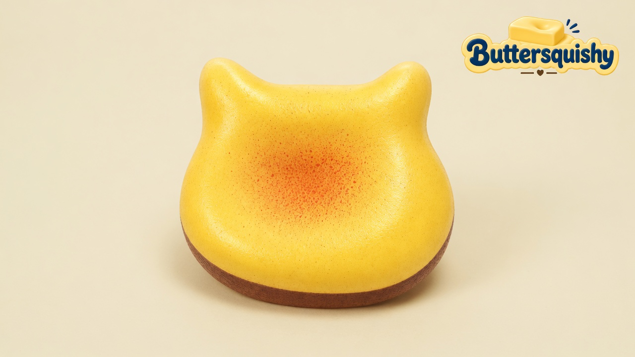 One yellow cat-ear Bread Toast Loaf with an orange toasted blush and a brown crust band on a light-yellow cream studio surface, Buttersquishy logo in the upper right