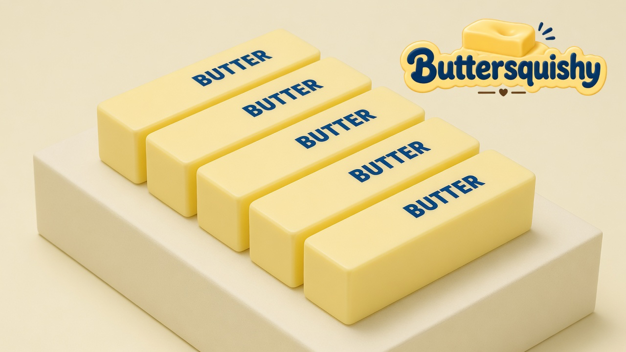 Five pale yellow Classic Butter Stick 4oz bars printed BUTTER, staggered on a cream studio block, Buttersquishy logo once at the upper right