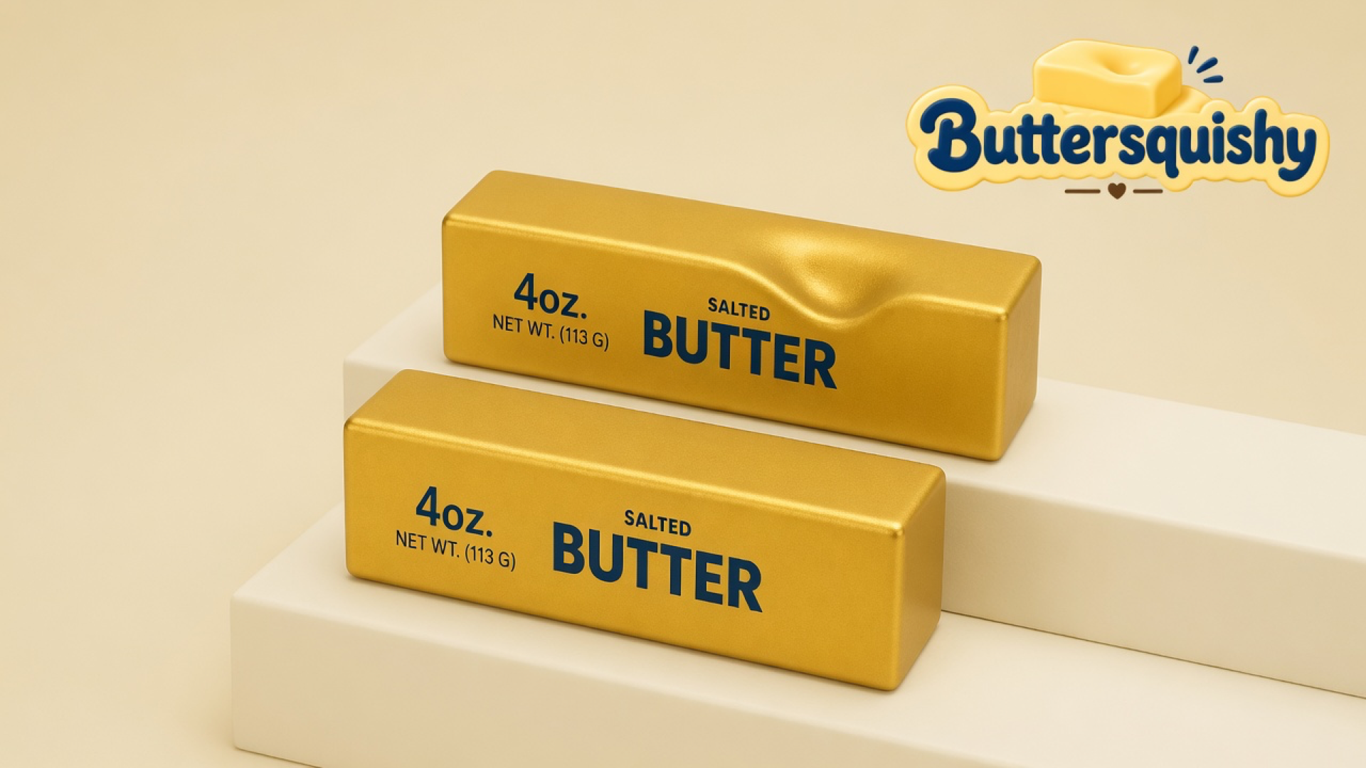 Two metallic gold-foil Golden Butter Stick toys printed 4oz. NET WT. (113 G) SALTED BUTTER on cream studio blocks, one with a thumb dent, Buttersquishy logo in the upper right