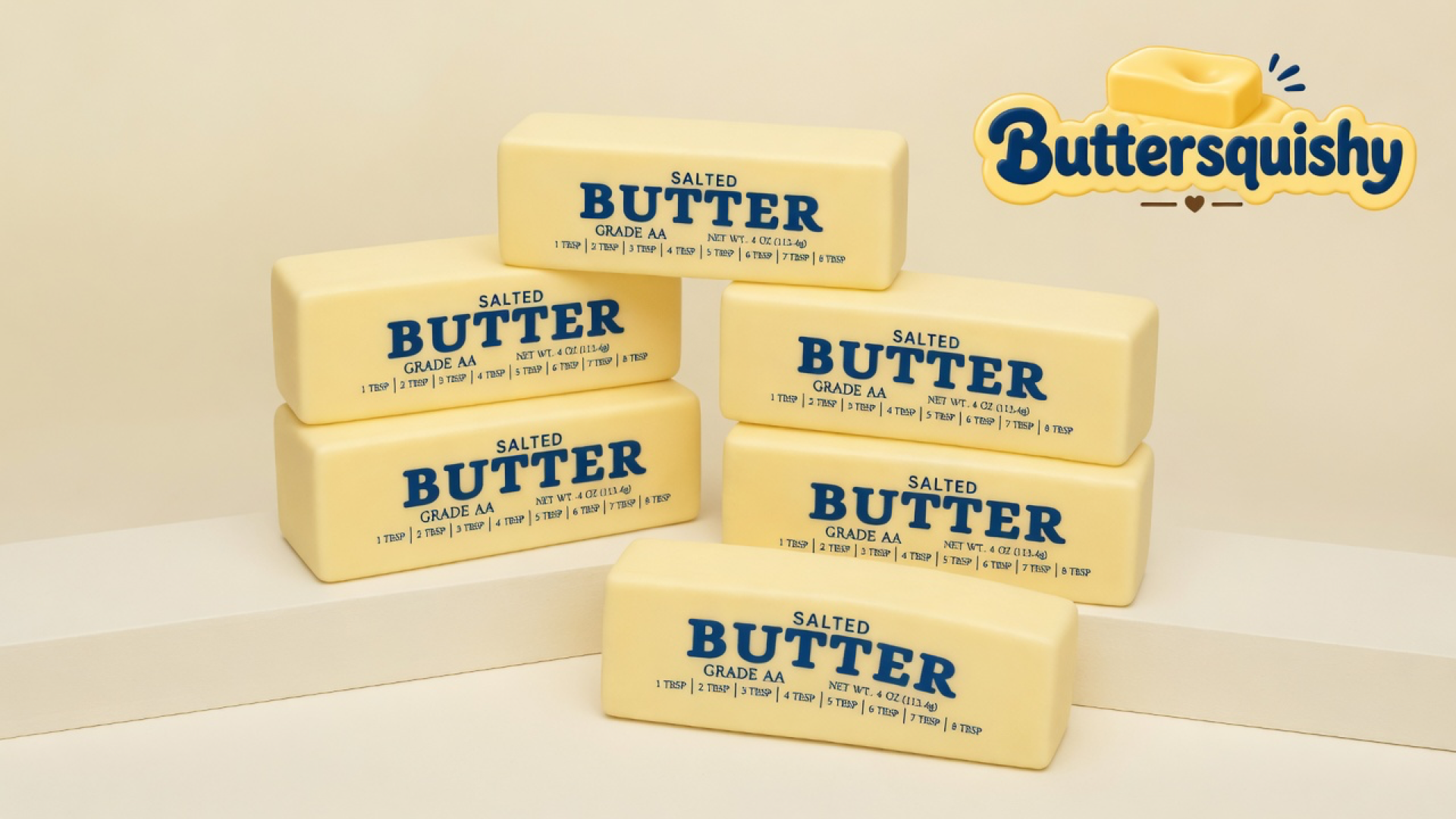 Six pale yellow Jumbo Butter Loaf sticks printed SALTED BUTTER GRADE AA on a light-yellow cream studio surface, Buttersquishy logo in the upper right