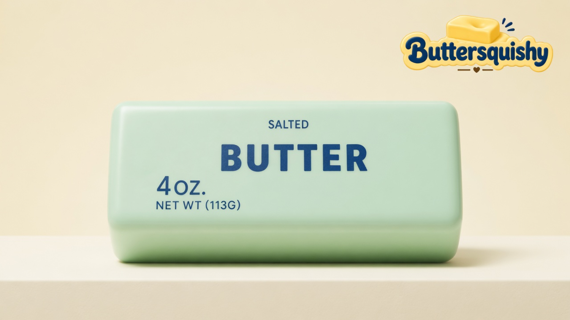 One pale-mint Mint Lemon Crunch Butter loaf with navy SALTED BUTTER type on a light-yellow cream studio surface, Buttersquishy logo in the upper right