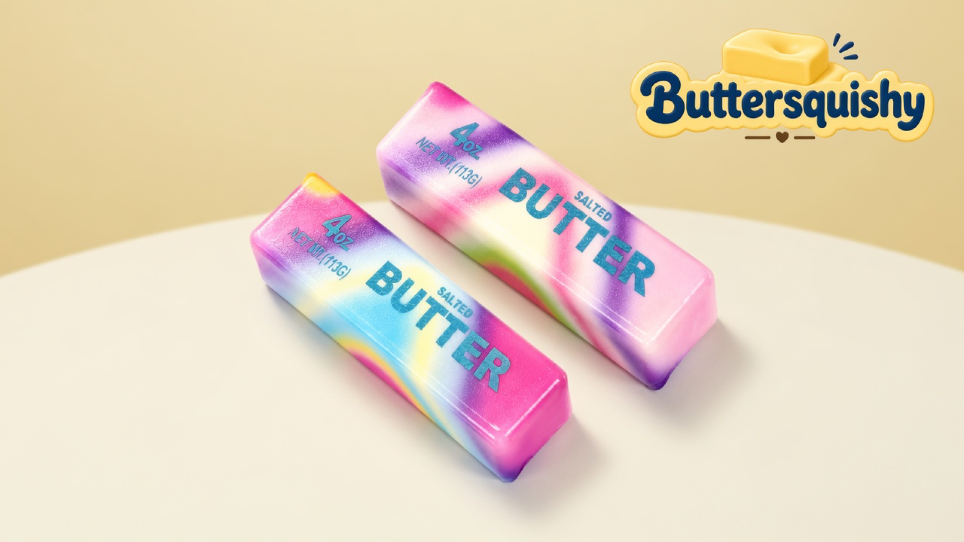 Two pink-blue-purple-yellow tie-dye butter sticks printed 4oz NET WT.(113G) SALTED BUTTER on a light-yellow cream studio surface, Buttersquishy logo in the upper right