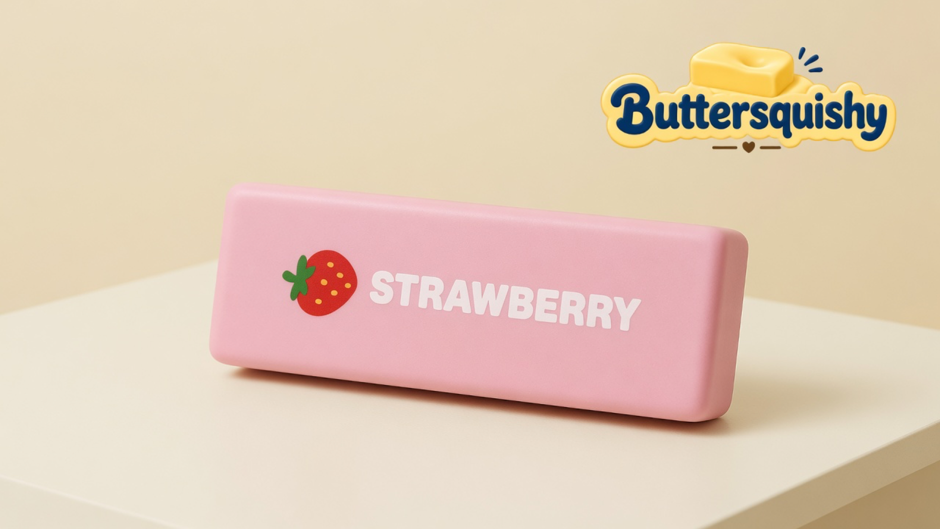 One pale-pink Strawberry Butter Stick with a cartoon berry and white STRAWBERRY type on a light-yellow cream studio surface, Buttersquishy logo in the upper right