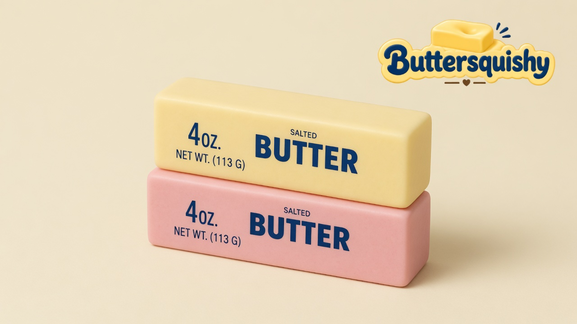 Pale yellow and pink Bread Toast Loaf 2-Pack sticks printed SALTED BUTTER on a light-yellow cream studio surface, Buttersquishy logo in the upper right