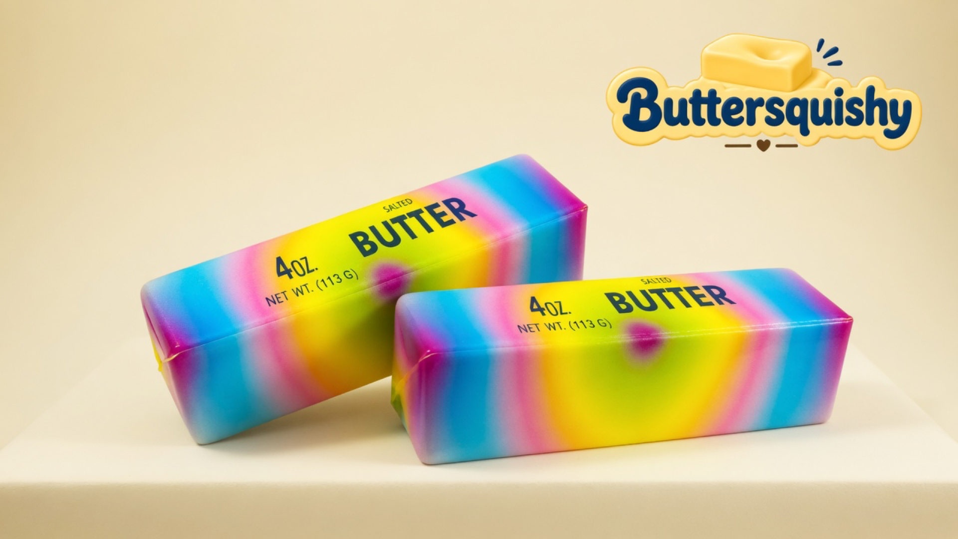 Two candy-gradient SALTED BUTTER sticks on a light-yellow cream studio surface, Buttersquishy logo in the upper right