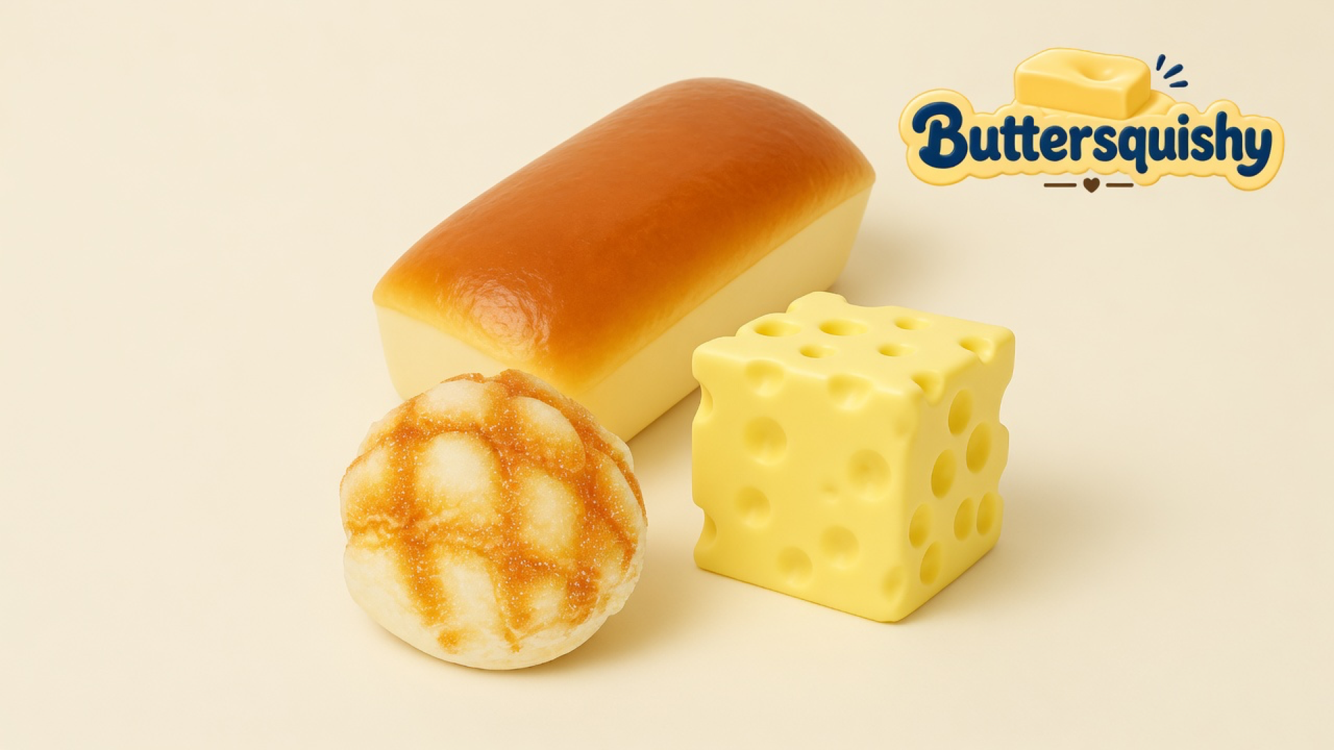 Three Cheese Cube Loaf 3-Pack toys — a golden bread loaf, a crisscross bun, and a yellow holey cube — on a light-yellow cream studio surface, Buttersquishy logo in the upper right