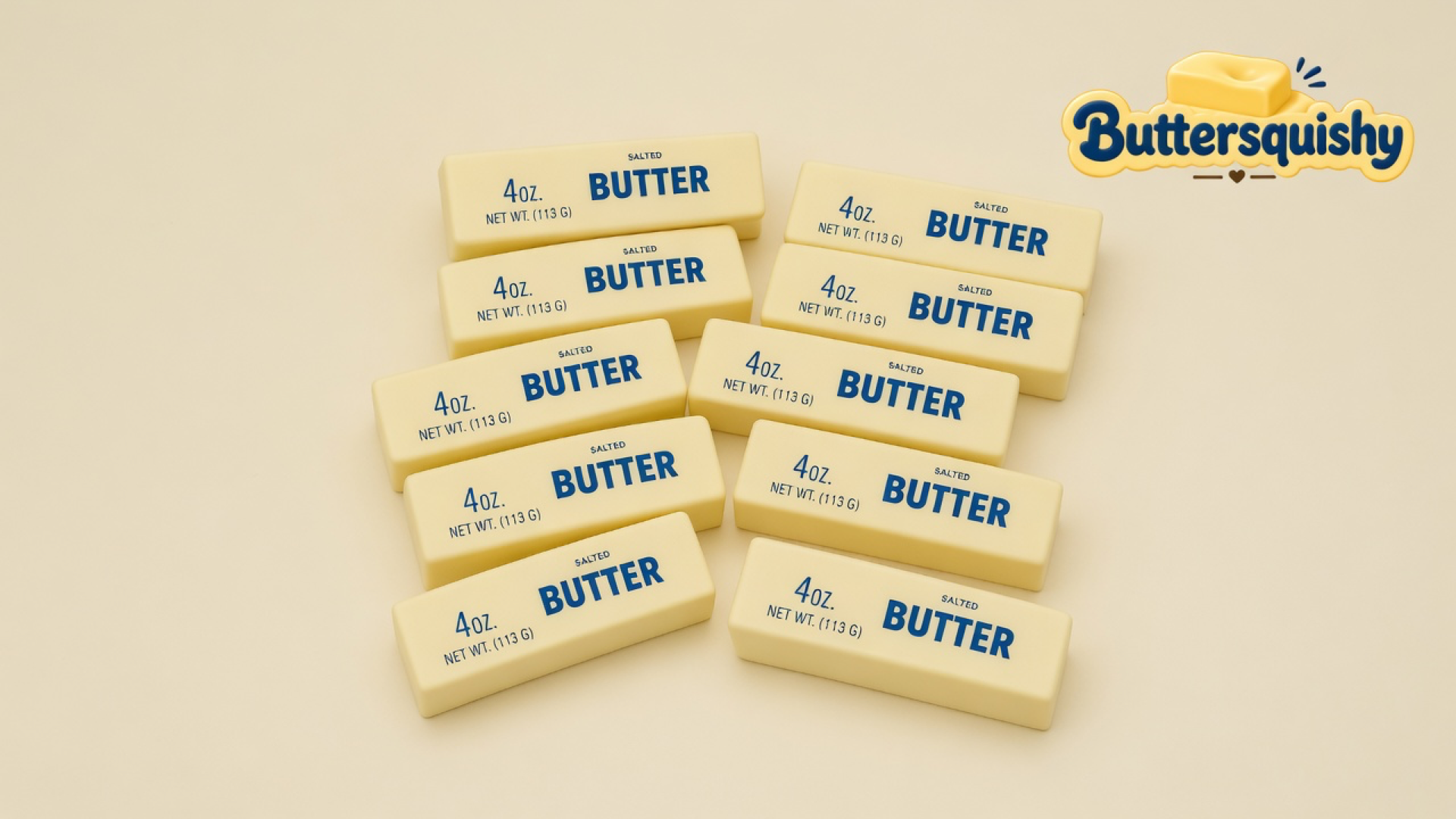 Ten pale-yellow SALTED BUTTER stick toys loosely grouped on a light-yellow cream studio surface, Buttersquishy logo in the upper right