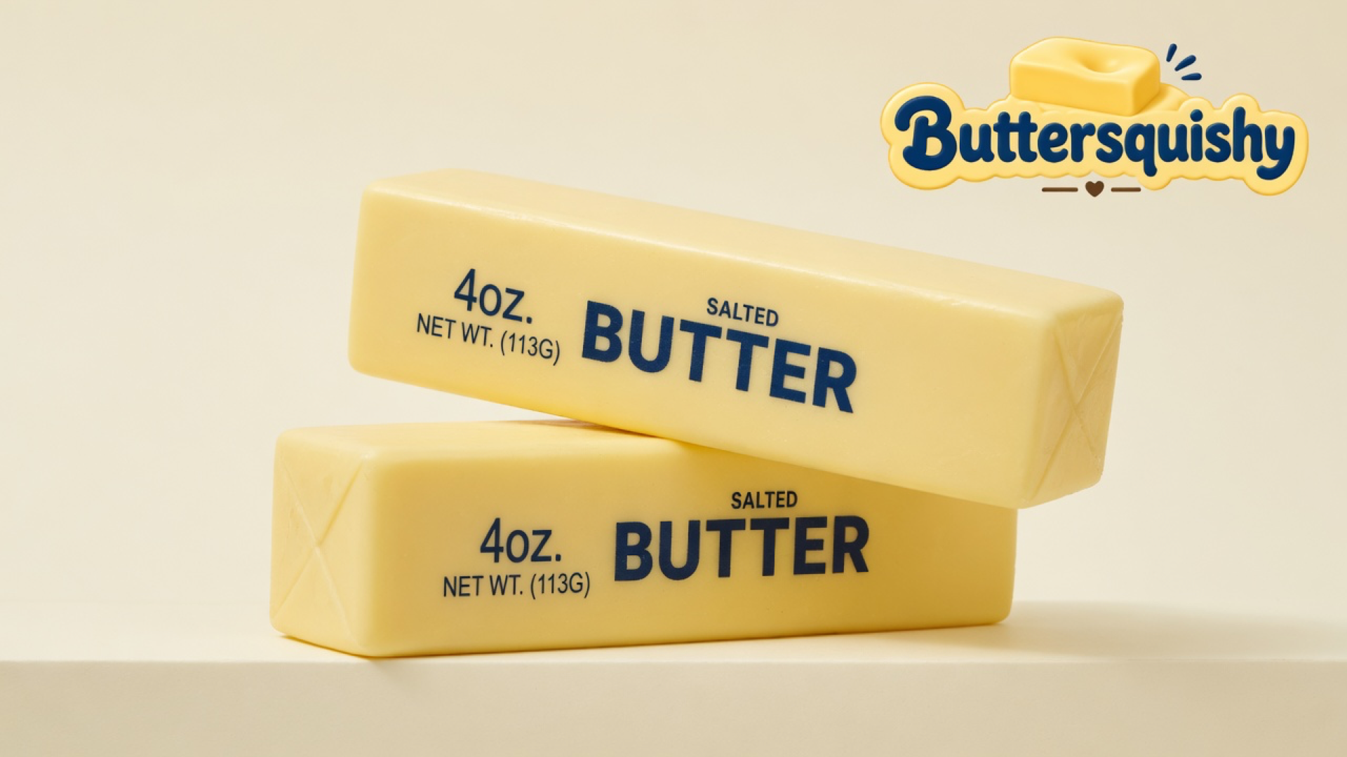 Two pale yellow SALTED BUTTER stick squishies stacked on a light-yellow cream studio surface, Buttersquishy logo in the upper right