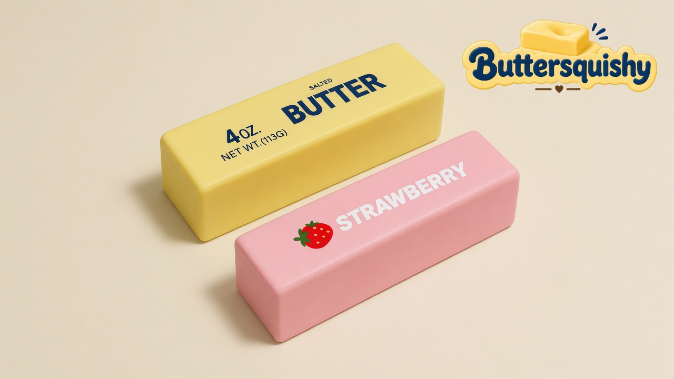 Pale yellow SALTED BUTTER loaf and pink STRAWBERRY loaf on a light-yellow cream studio surface, Buttersquishy logo in the upper right