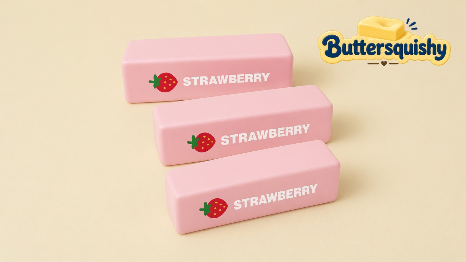 Three pale-pink STRAWBERRY butter-stick toys staggered on a light-yellow cream studio surface, Buttersquishy logo in the upper right