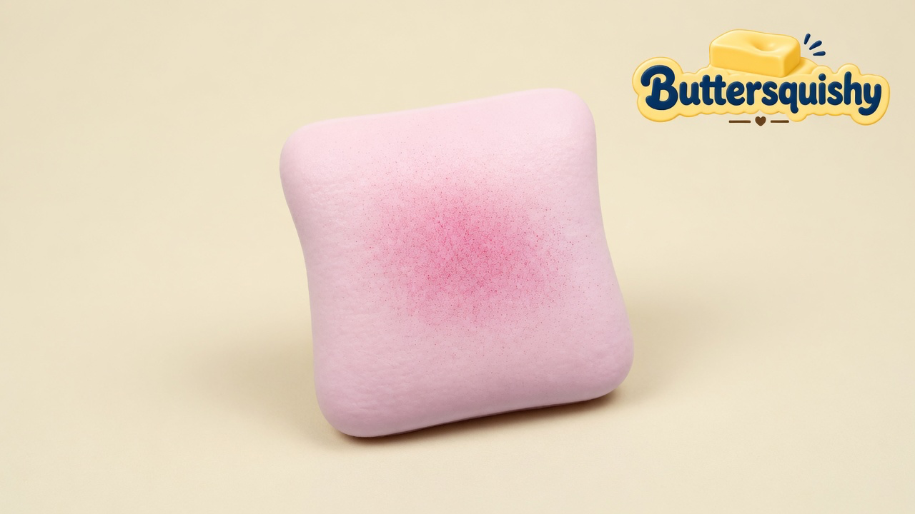 Pale pink rounded Bread Toast Loaf with a central magenta spray blush on a light-yellow cream studio surface, Buttersquishy logo in the upper right