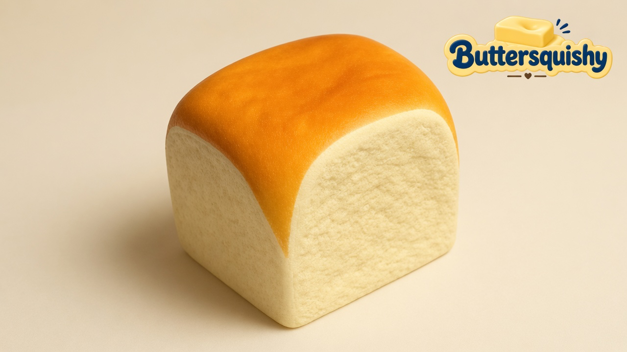 One rounded milk-bread Bread Toast Loaf with a golden toasted cap and cream crumb sides on a light-yellow cream studio surface, Buttersquishy logo in the upper right
