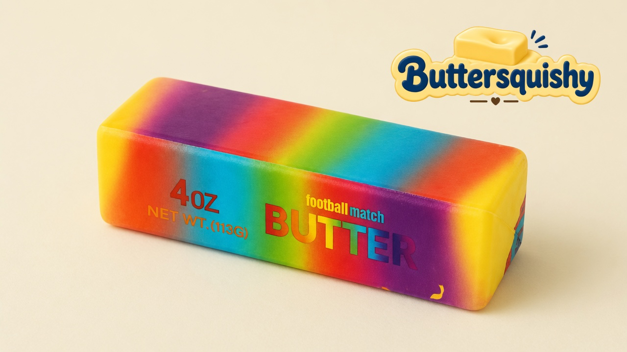 One rainbow candy-stripe butter stick printed 4 OZ, NET WT. (113G), football match, and BUTTER on a light-yellow cream studio surface, Buttersquishy logo in the upper right