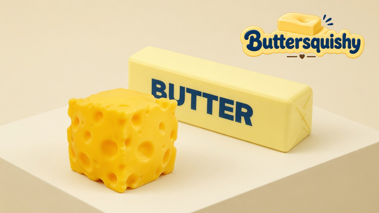 A yellow Swiss-hole cheese cube and a pale butter stick printed BUTTER on a light-yellow cream studio block, Buttersquishy logo in the upper right