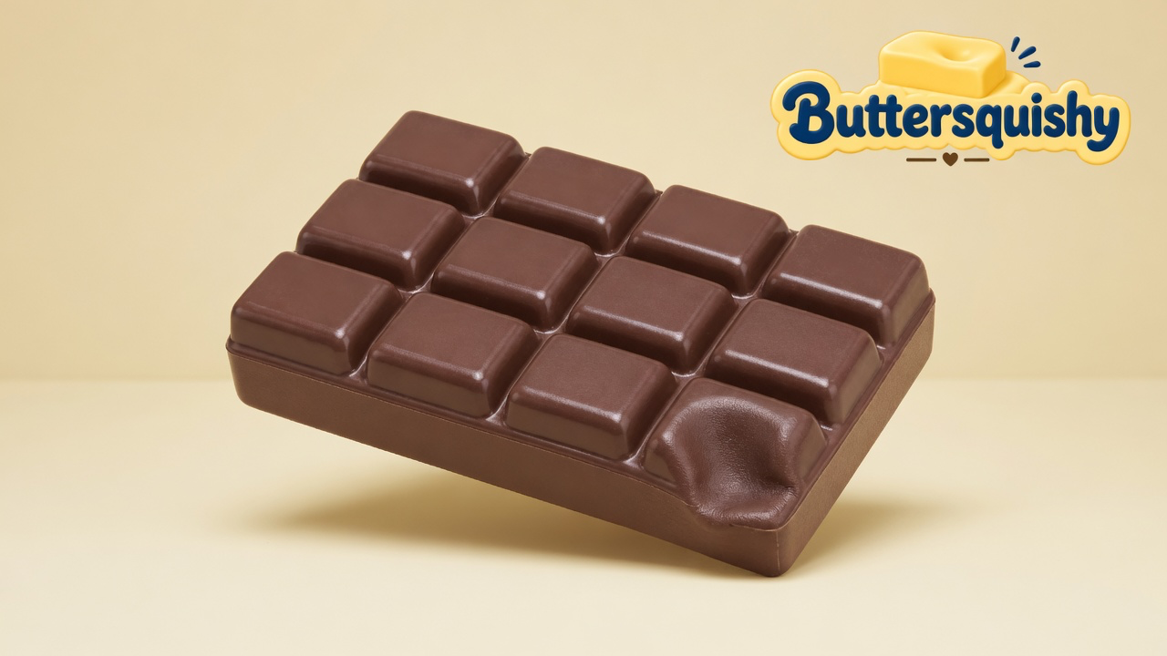 One milk-chocolate twelve-square tablet with a pushed-in corner cell on a light-yellow cream studio surface, Buttersquishy logo in the upper right