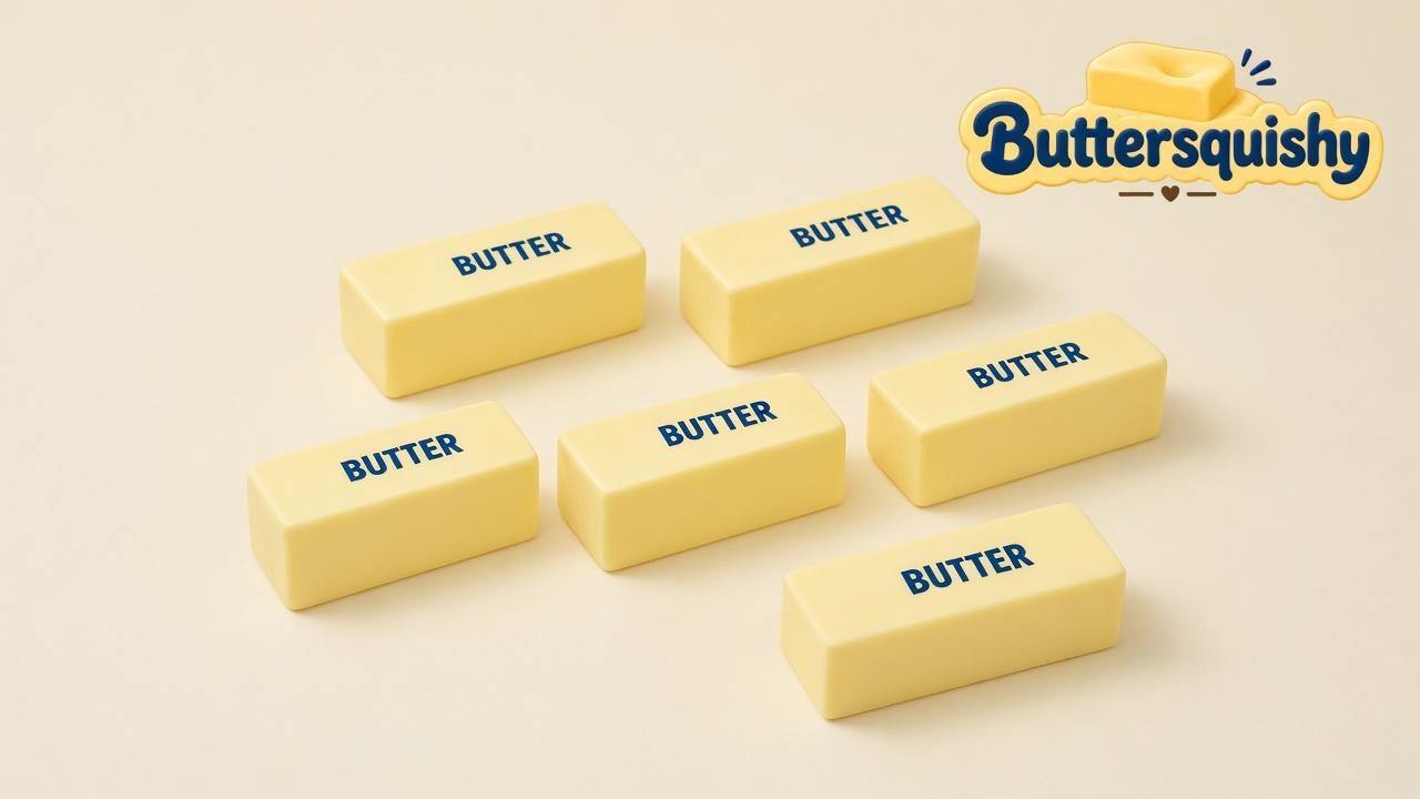 Six pale yellow Classic Butter Stick 4oz bars printed BUTTER on a light-yellow cream studio surface, Buttersquishy logo in the upper right