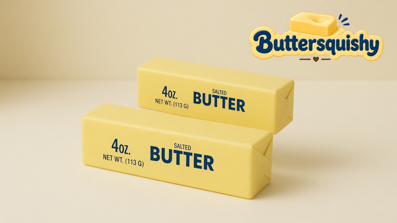 Two matching yellow butter sticks printed 4OZ. NET WT. (113 G) SALTED BUTTER on a light-yellow cream studio surface, Buttersquishy logo in the upper right