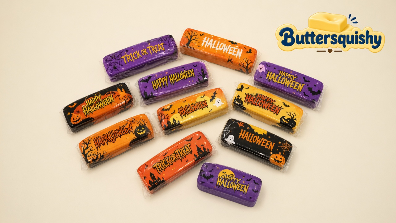 Twelve wrapped Halloween Ghost Butter sticks on a cream studio surface, Buttersquishy logo in the upper right