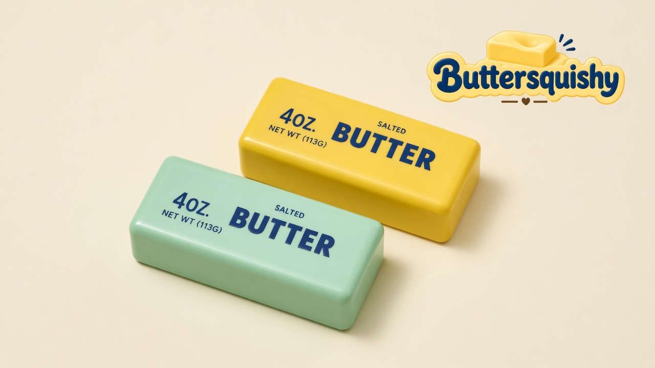 Pale mint-green and lemon-yellow Mint Lemon Crunch Butter loaves printed 4OZ SALTED BUTTER on a light-yellow cream studio block, Buttersquishy logo in the upper right