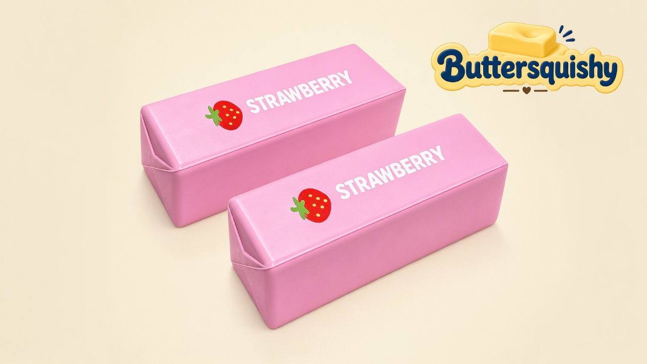 Two pale-pink Strawberry Butter Stick loaves printed STRAWBERRY with a small berry graphic on a light-yellow cream studio surface, Buttersquishy logo in the upper right