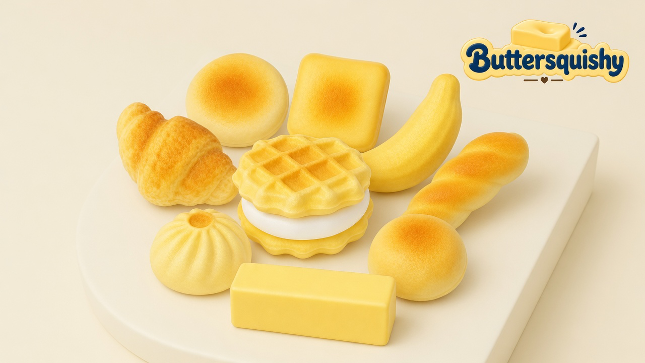 Nine bakery-shaped Bread Toast Loaf toys on a light-yellow cream studio platform, Buttersquishy logo in the upper right
