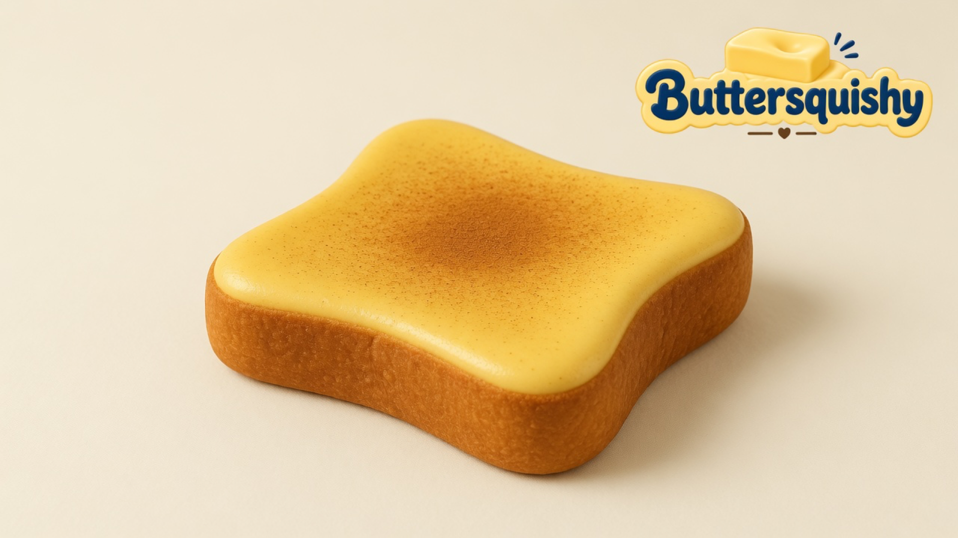 One yellow-spread Bread Toast Loaf with a brown toast-dust bloom and golden crust on a light-yellow cream studio surface, Buttersquishy logo in the upper right