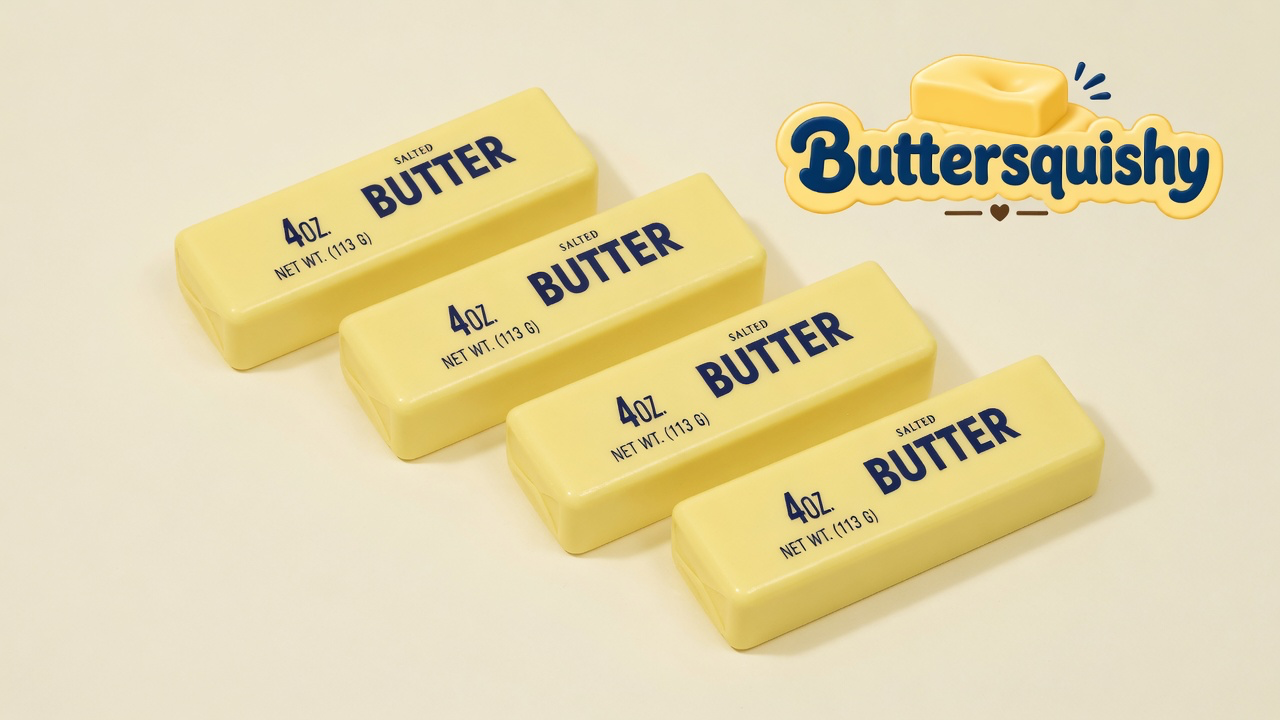 Four pale-yellow Cheese Cube Loaf sticks printed SALTED BUTTER and 4OZ. NET WT. (113 G) on a light-yellow cream studio surface, Buttersquishy logo in the upper right