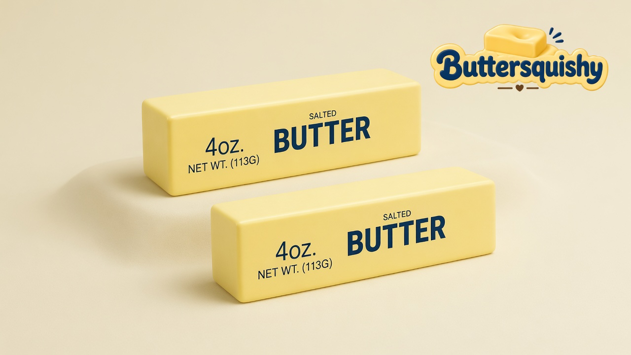 Two pale-yellow Classic Butter Stick 4oz 2-Pack loaves printed 4OZ. NET WT. (113G) SALTED BUTTER on a light-yellow cream studio surface, Buttersquishy logo in the upper right