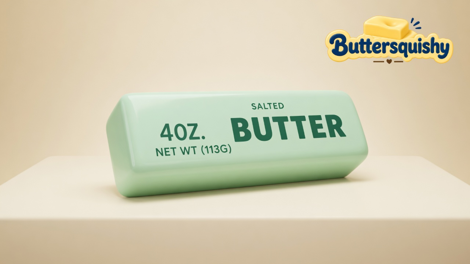 One pale mint-green Mint Butter Stick printed 4OZ. NET WT (113G) SALTED BUTTER on a light-yellow cream studio surface, Buttersquishy logo in the upper right