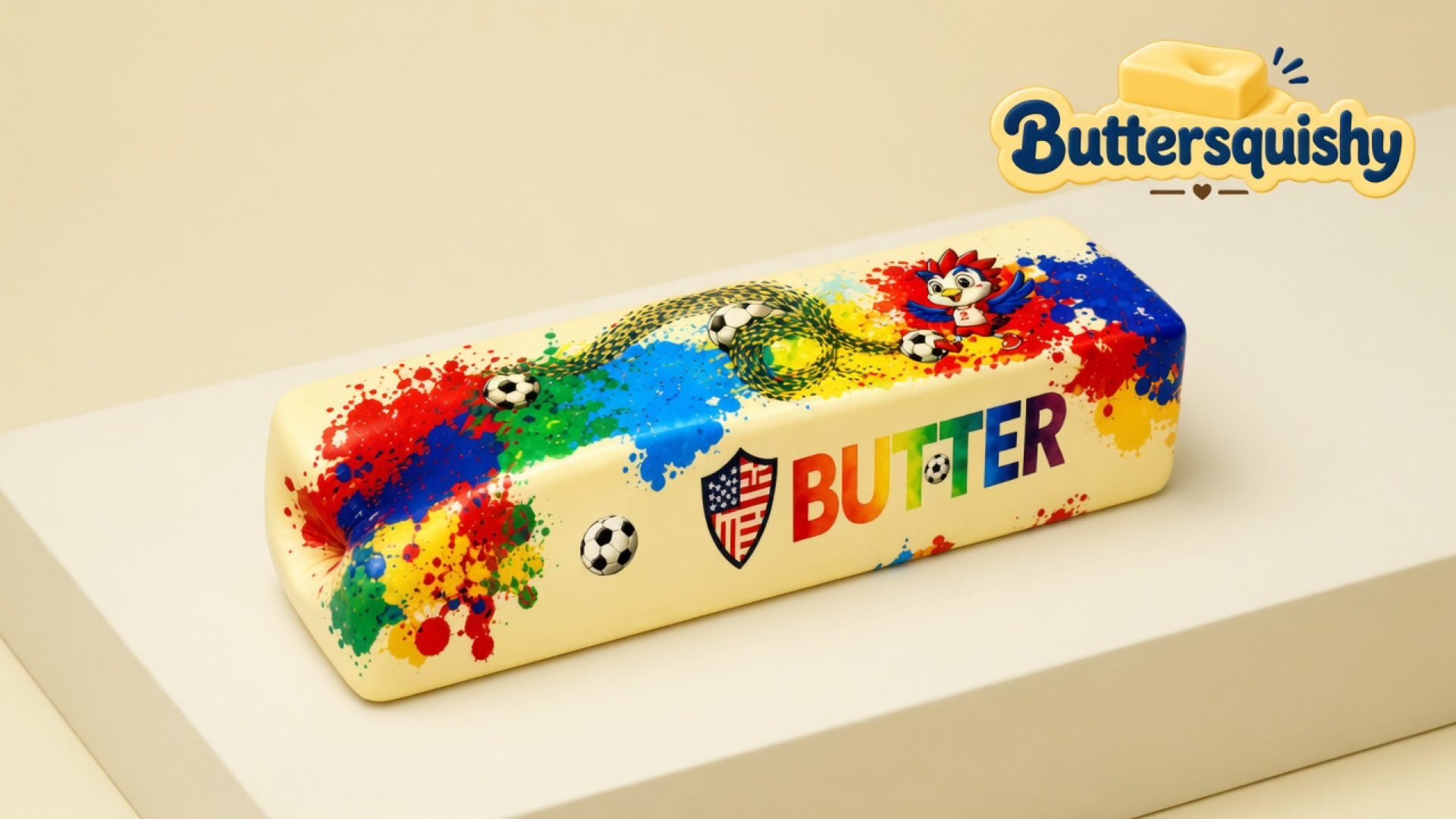 One cream Splash Marble Butter loaf with soccer-ball paint splashes, a twisted rope, a cartoon bird, a flag shield, and rainbow BUTTER type on a light-yellow cream studio platform, Buttersquishy logo in the upper right