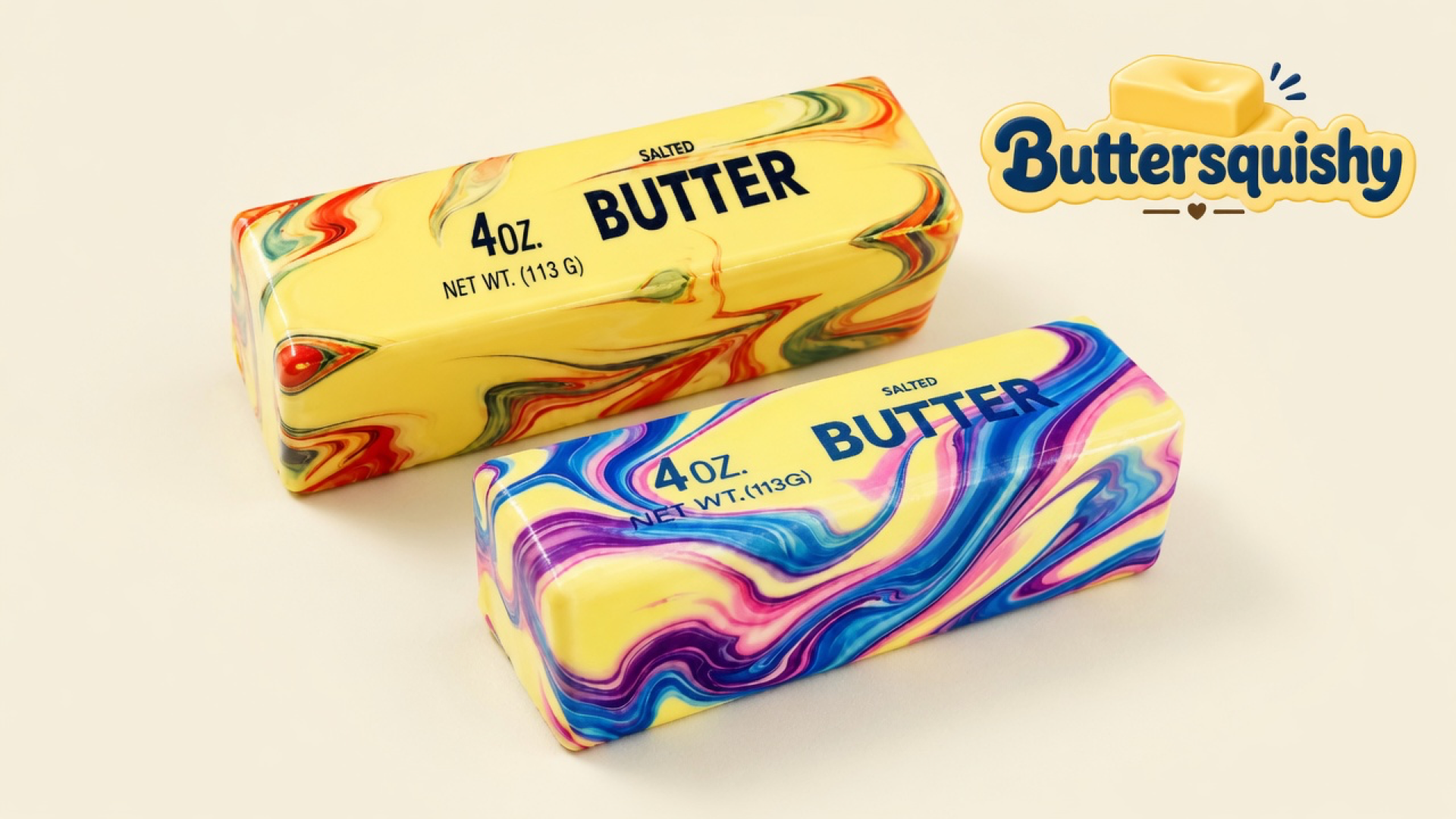Two marble-print Blue Butter Stick bars — one warm red-green swirl with navy SALTED BUTTER type, one cool blue-pink swirl with blue type — on a light-yellow cream studio surface, Buttersquishy logo in the upper right