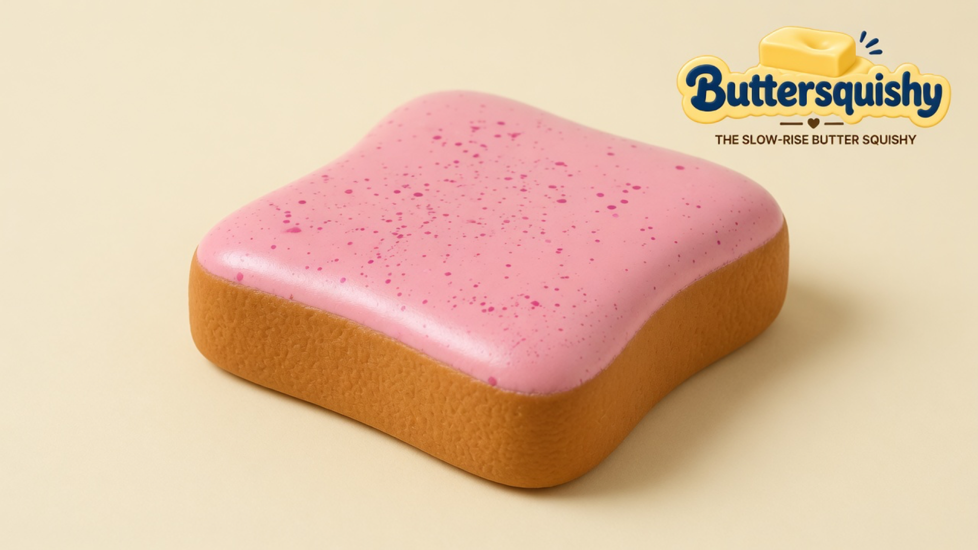 One pink-frosted Bread Toast Loaf with magenta speckle and a golden crust rim on a light-yellow cream studio surface, Buttersquishy logo in the upper right