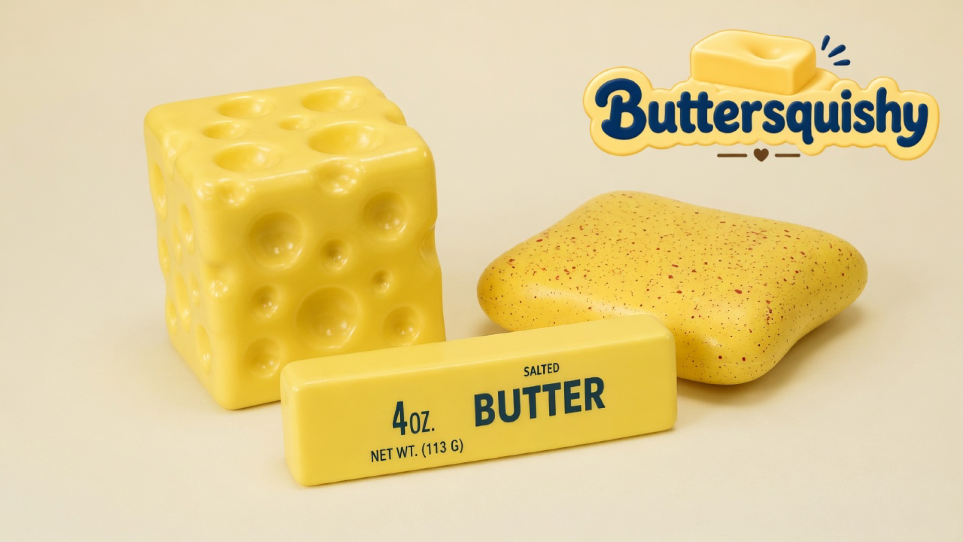 Three yellow Cheese Cube toys — a Swiss-hole cube on the left, a red-speckled loaf on the right, and a salted-butter stick in front — on a light-yellow cream studio, Buttersquishy logo in the upper right