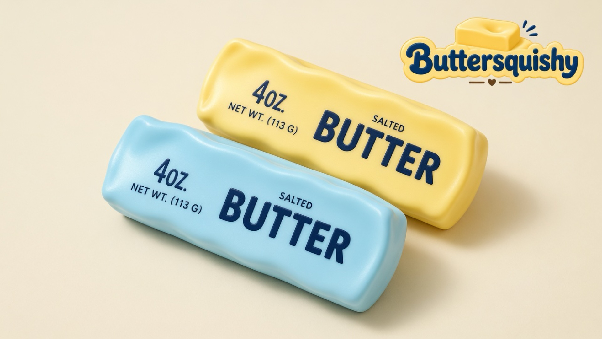 Two grocery-butter sticks, one lemon yellow and one sky blue, each printed with navy 4OZ. NET WT. (113 G) and SALTED BUTTER, on a light-yellow cream studio surface, Buttersquishy logo in the upper right