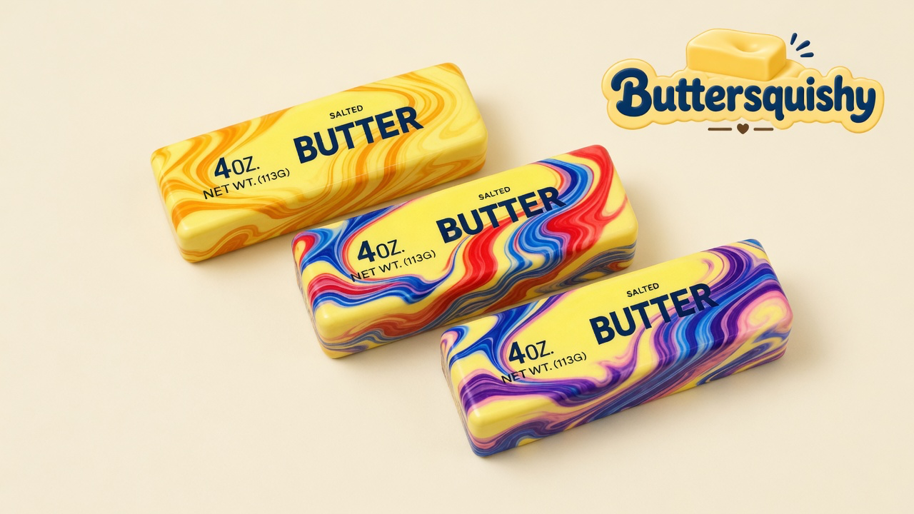 Three yellow oil-paint swirl butter sticks with navy SALTED BUTTER type, gold-orange, red-blue, and violet-pink marble ribbons, on a light-yellow cream studio surface, Buttersquishy logo in the upper right