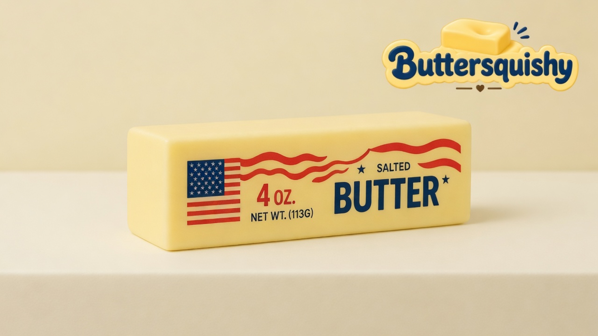 One pale yellow Stars and Stripes Butter stick with a United States flag, red 4 OZ type, two red waves, and navy SALTED BUTTER on a light-yellow cream studio surface, Buttersquishy logo in the upper right
