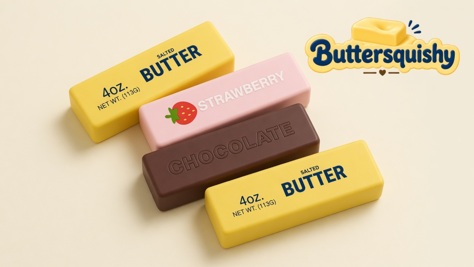 Four Strawberry Chocolate Butter sticks — two yellow salted-butter prints, one pink strawberry loaf, and one brown chocolate loaf — on a cream studio surface, Buttersquishy logo in the upper right