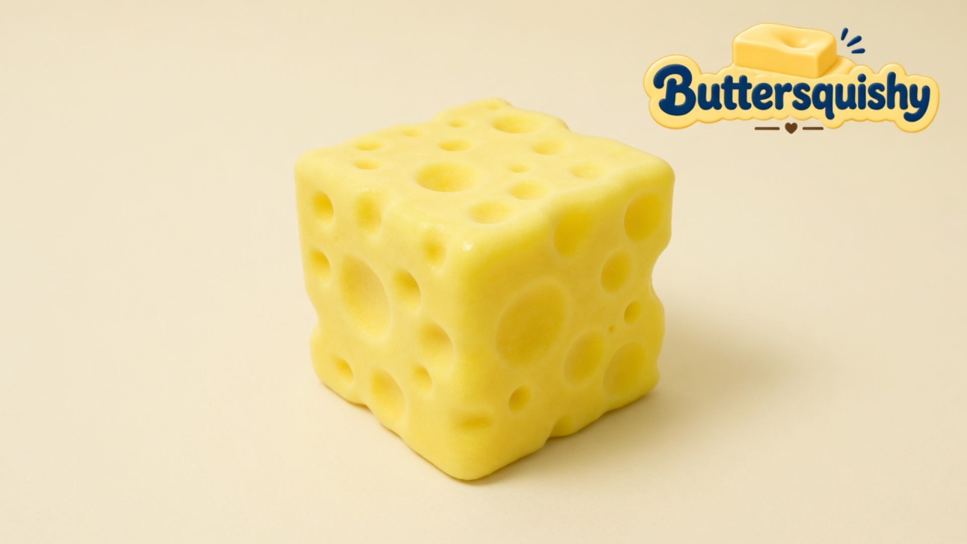 One yellow Cheese Cube Loaf with mixed-size holes on a light-yellow cream studio backdrop, Buttersquishy logo in the upper right