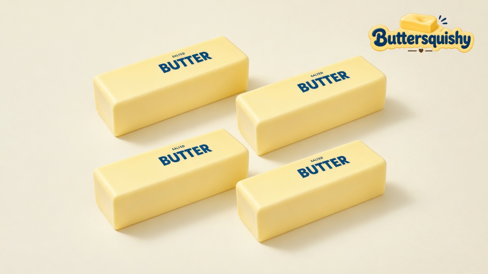 Four pale yellow butter sticks printed SALTED BUTTER on a light-yellow cream studio surface, Buttersquishy logo in the upper right