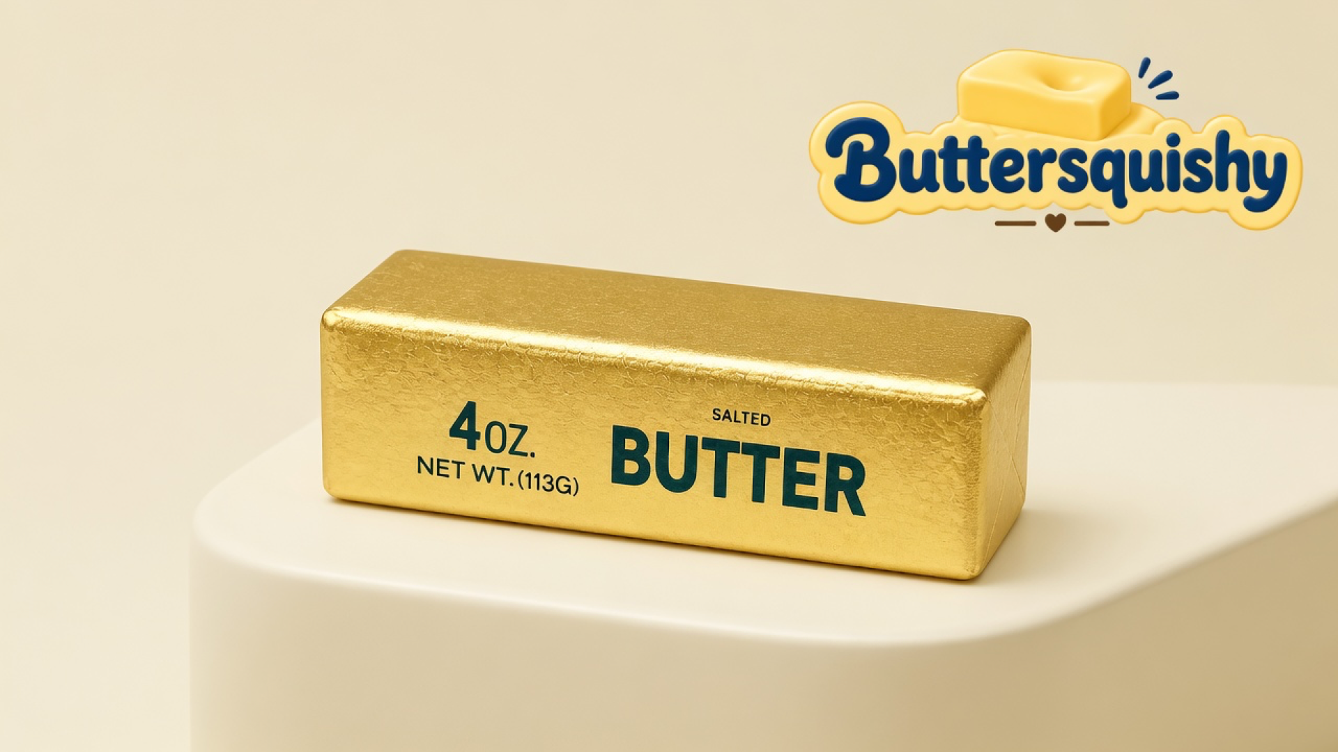 One metallic gold-foil Golden Butter Stick printed 4OZ. NET WT.(113G) SALTED BUTTER on a soft light-yellow cream studio, Buttersquishy logo in the upper right
