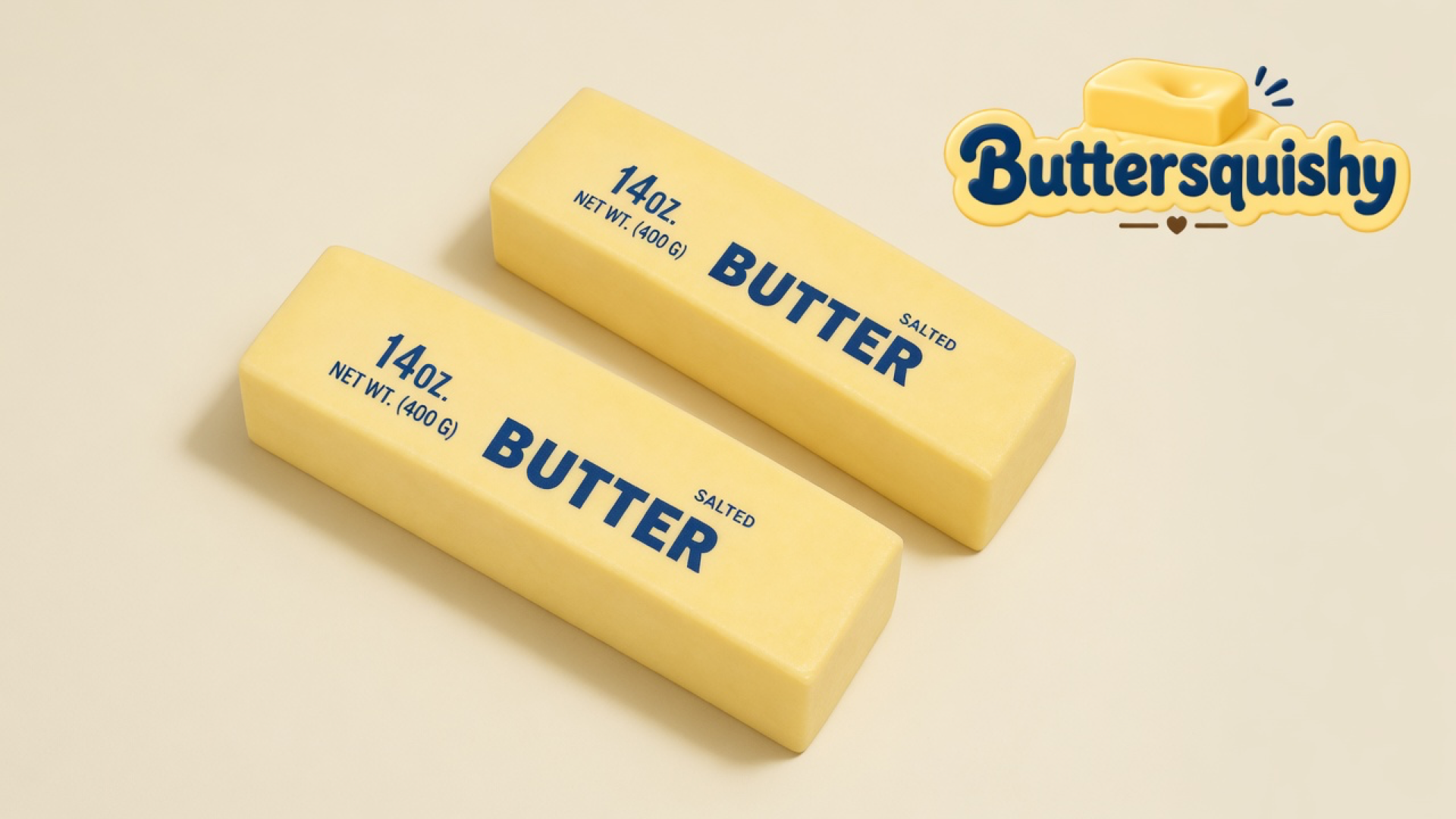Two pale yellow jumbo butter sticks printed 14oz NET WT (400 G) BUTTER SALTED on a light-yellow cream studio surface, Buttersquishy logo in the upper right